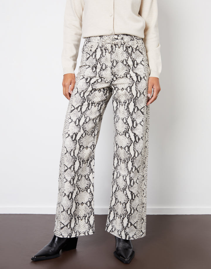 Grey Snake Print Wide Leg Denim Jeans