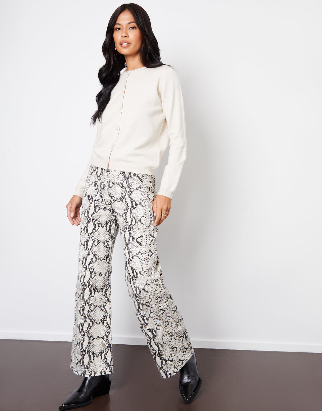 Grey Snake Print Wide Leg Denim Jeans