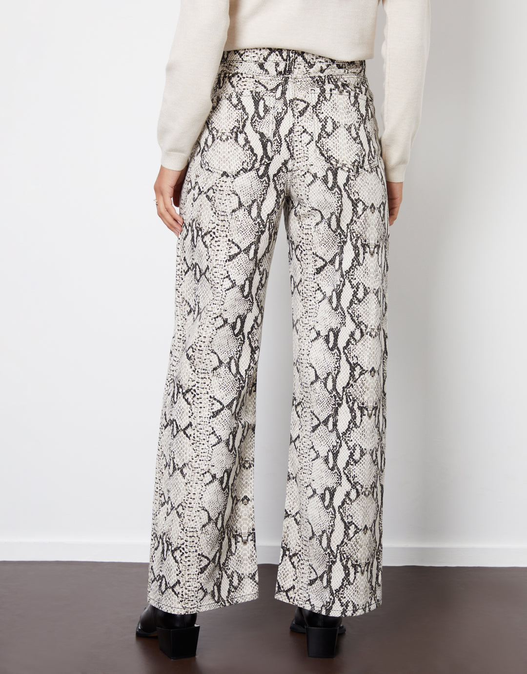 Grey Snake Print Wide Leg Denim Jeans