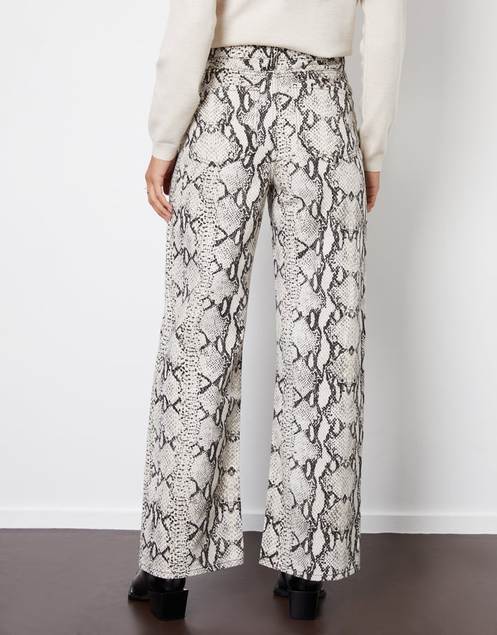 Grey Snake Print Wide Leg Denim Jeans