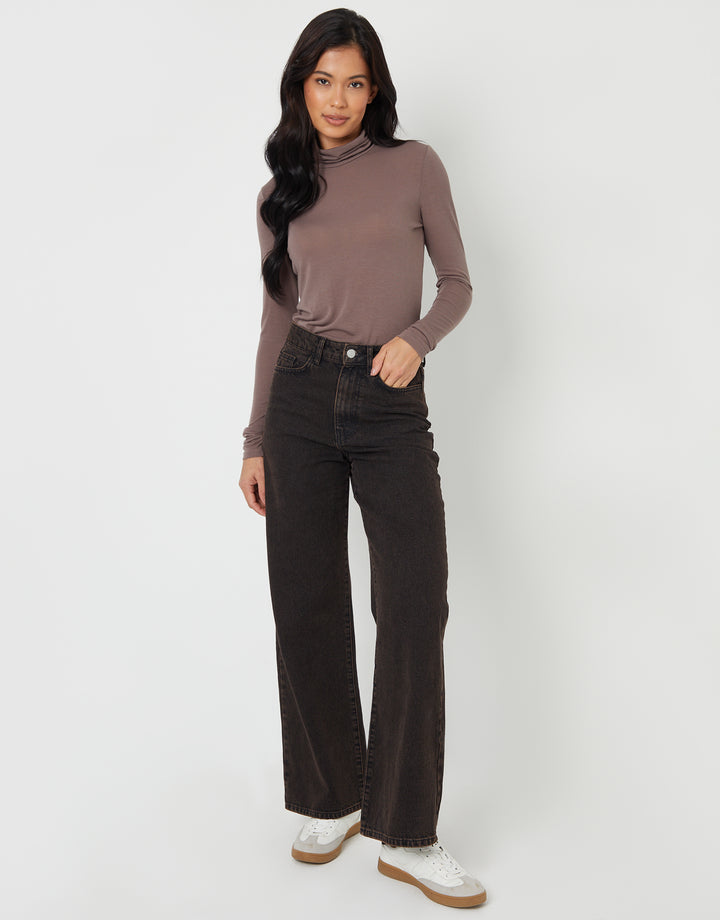 Chocolate Brown Wide Leg Denim Jeans