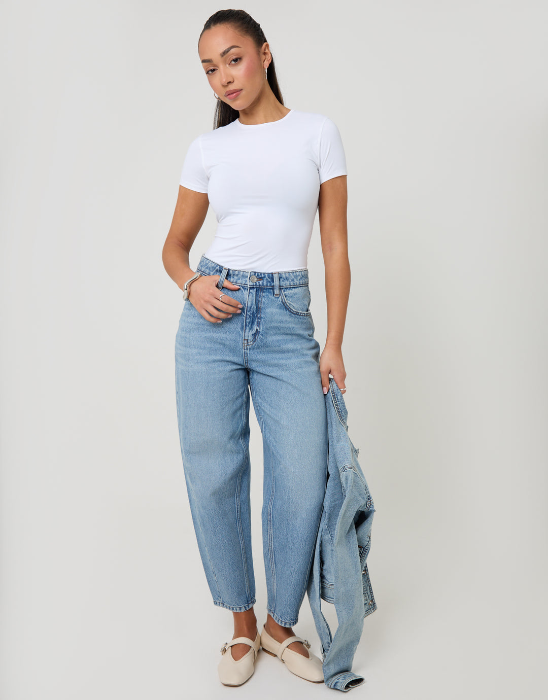 Threadbare Petite Barrel Leg Jeans in  Light Wash - full body with jacket