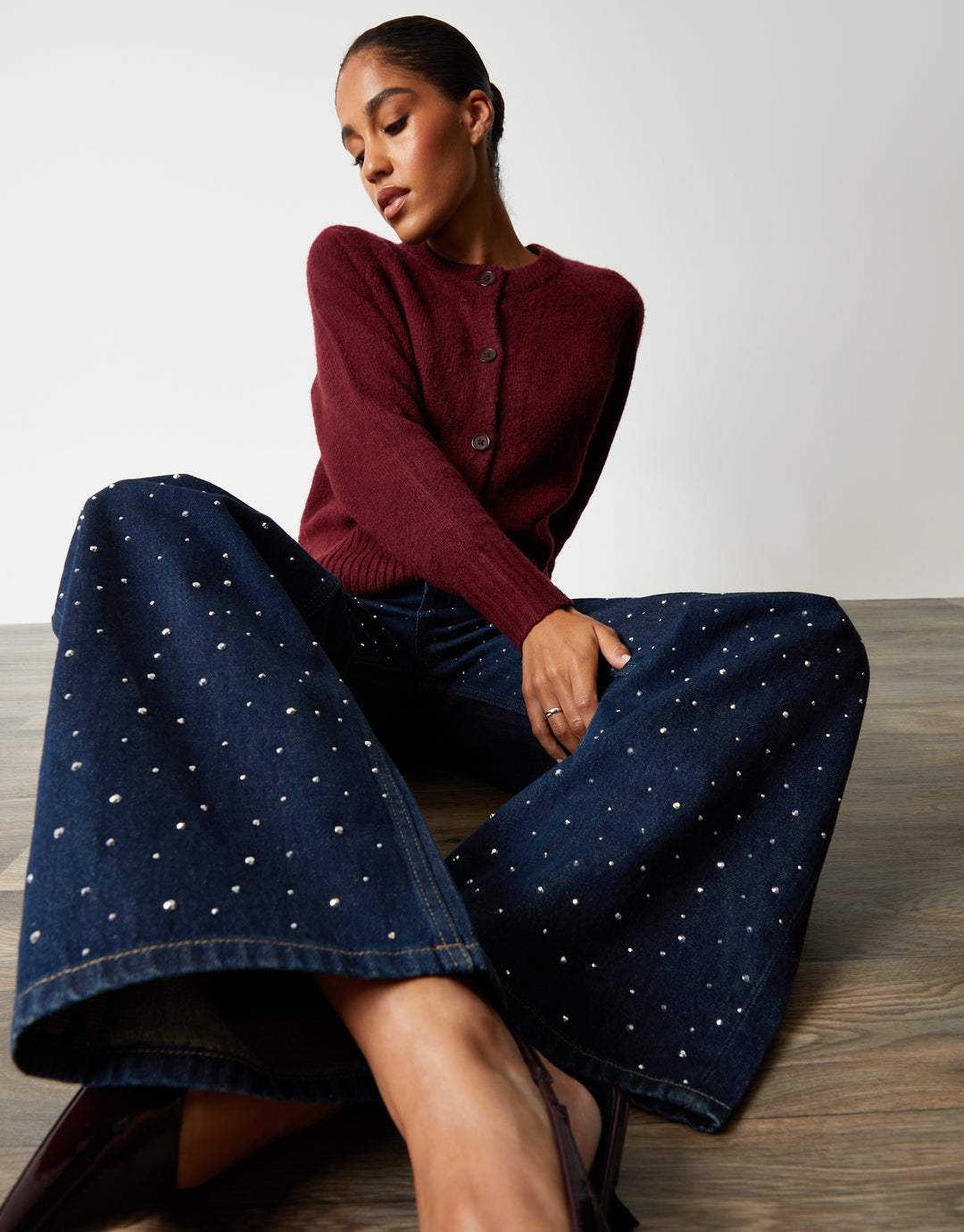 Indigo Wash Embellished Baggy Wide Leg Jeans