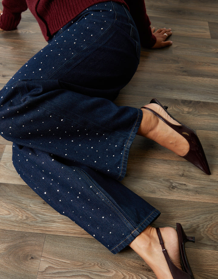 Indigo Wash Embellished Baggy Wide Leg Jeans