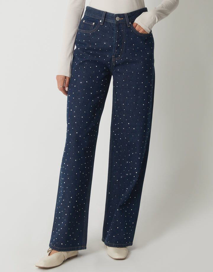 Indigo Wash Embellished Baggy Wide Leg Jeans