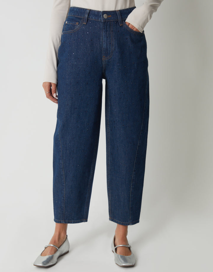 Indigo Wash Embellished Barrel Leg Jeans