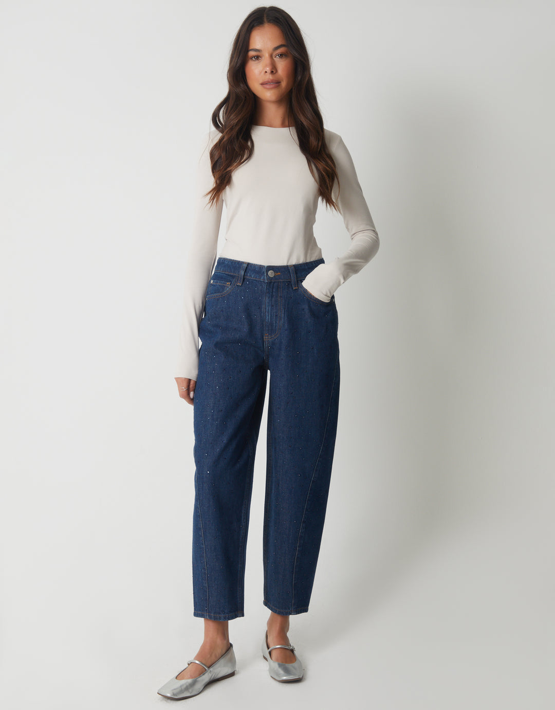 Indigo Wash Embellished Barrel Leg Jeans