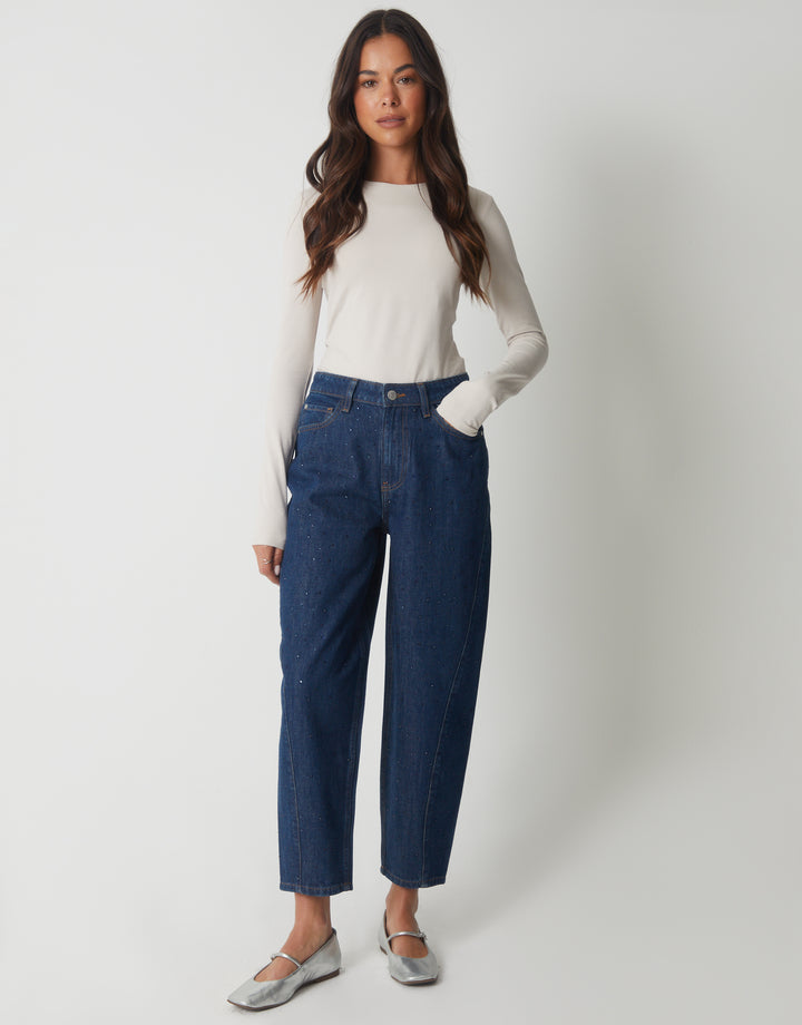 Indigo Wash Embellished Barrel Leg Jeans