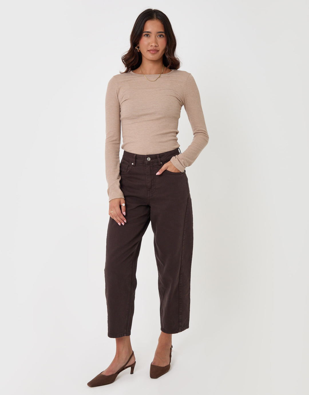 Threadbare Barrel Leg Jeans in Chocolate Brown - full view