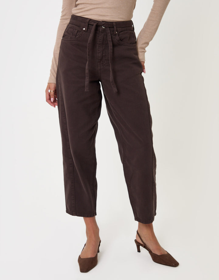Threadbare Barrel Leg Jeans in Chocolate Brown - front view