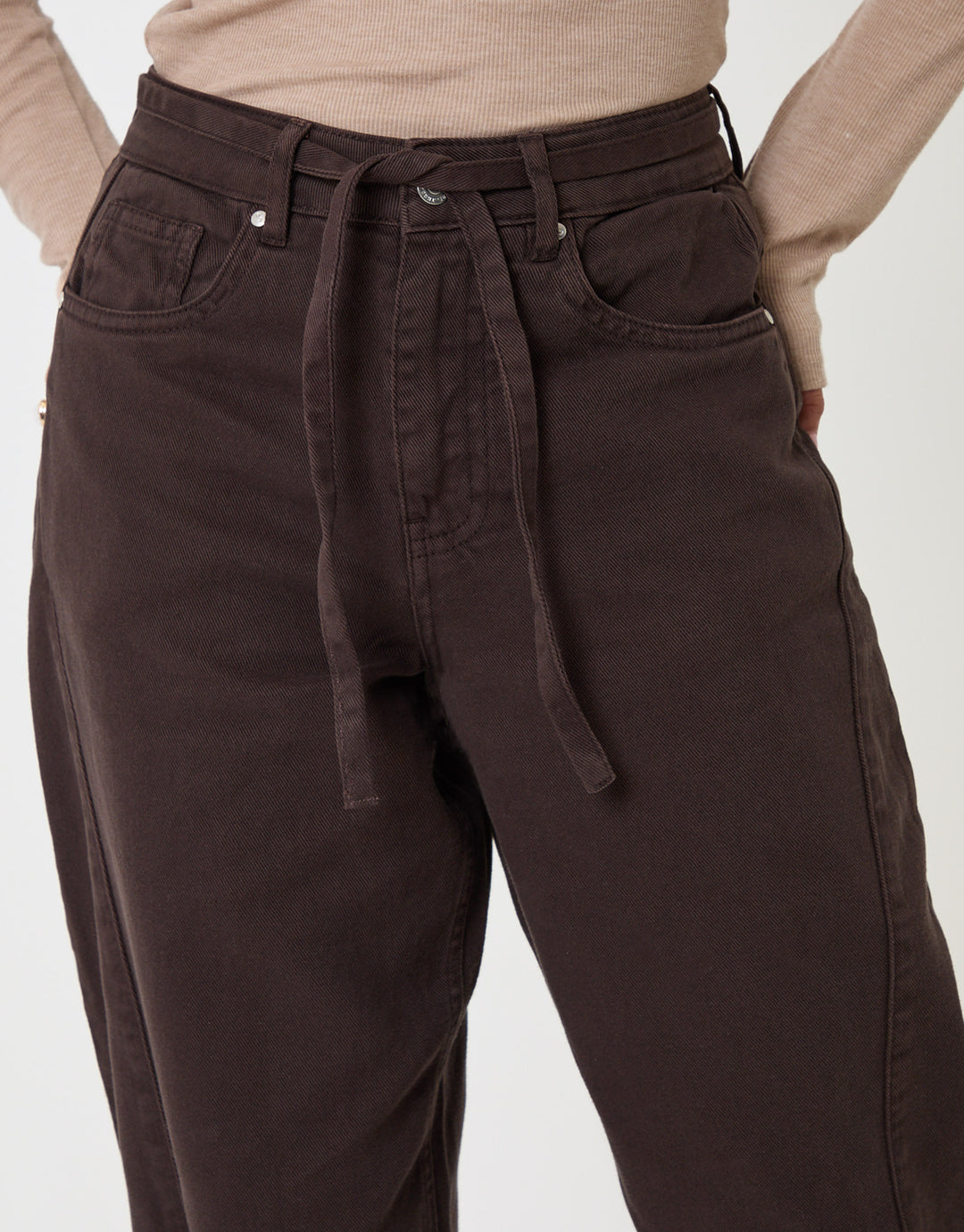Threadbare Barrel Leg Jeans in Chocolate Brown - front detail view