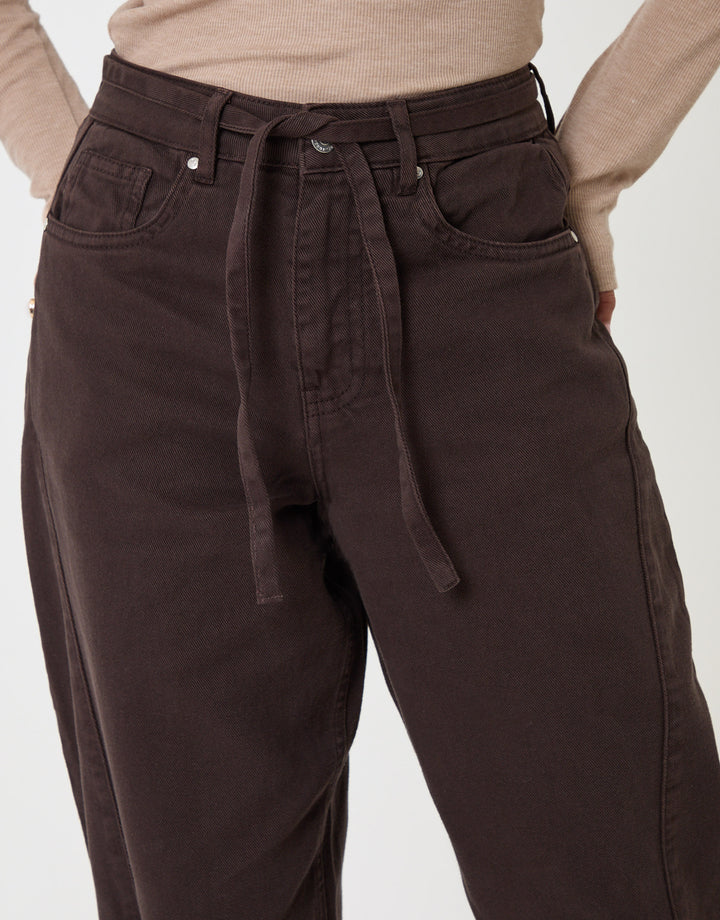 Threadbare Barrel Leg Jeans in Chocolate Brown - front detail view