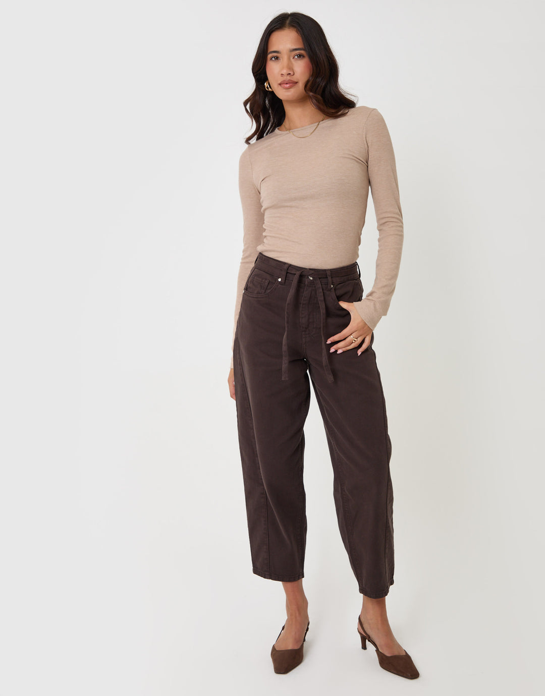 Threadbare Barrel Leg Jeans in Chocolate Brown - full view hand on pocket