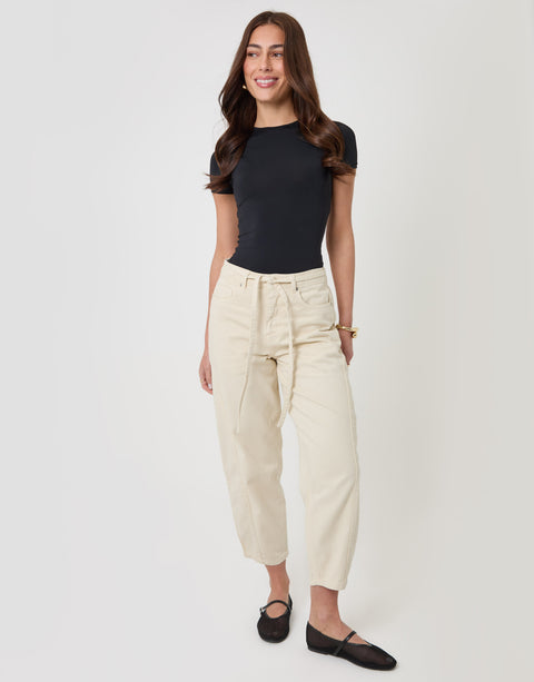 Threadbare Belted Barrel Leg Jeans in Ecru - full body