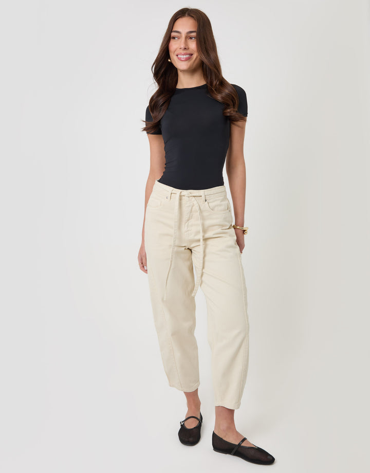 Threadbare Belted Barrel Leg Jeans in Ecru - full body