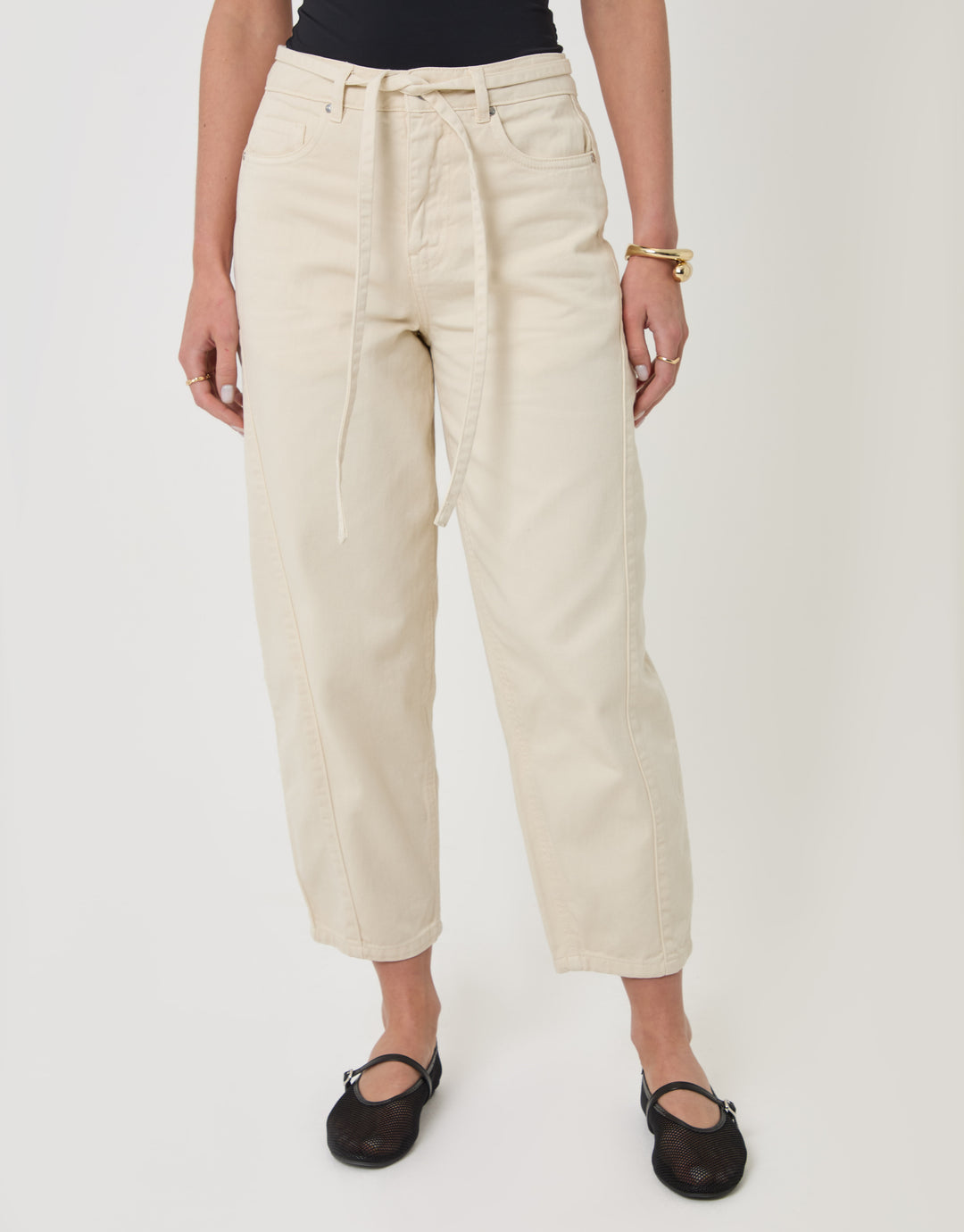 Threadbare Belted Barrel Leg Jeans in Ecru - front view