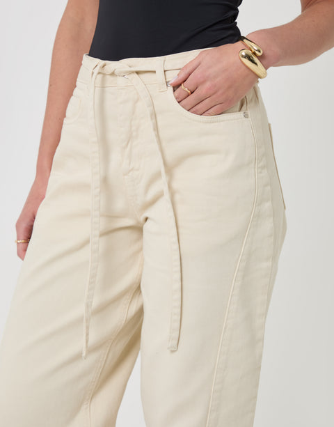 Threadbare Belted Barrel Leg Jeans in Ecru - close up