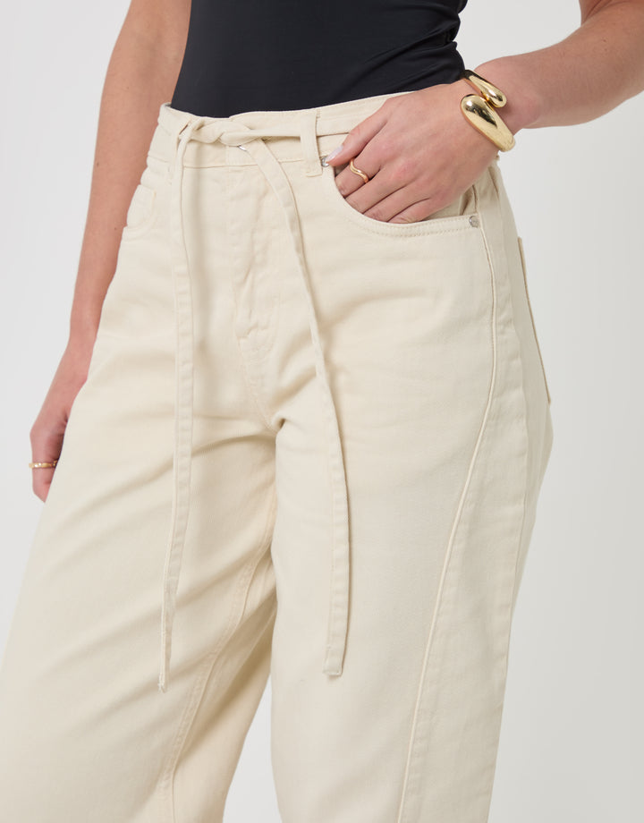 Threadbare Belted Barrel Leg Jeans in Ecru - close up