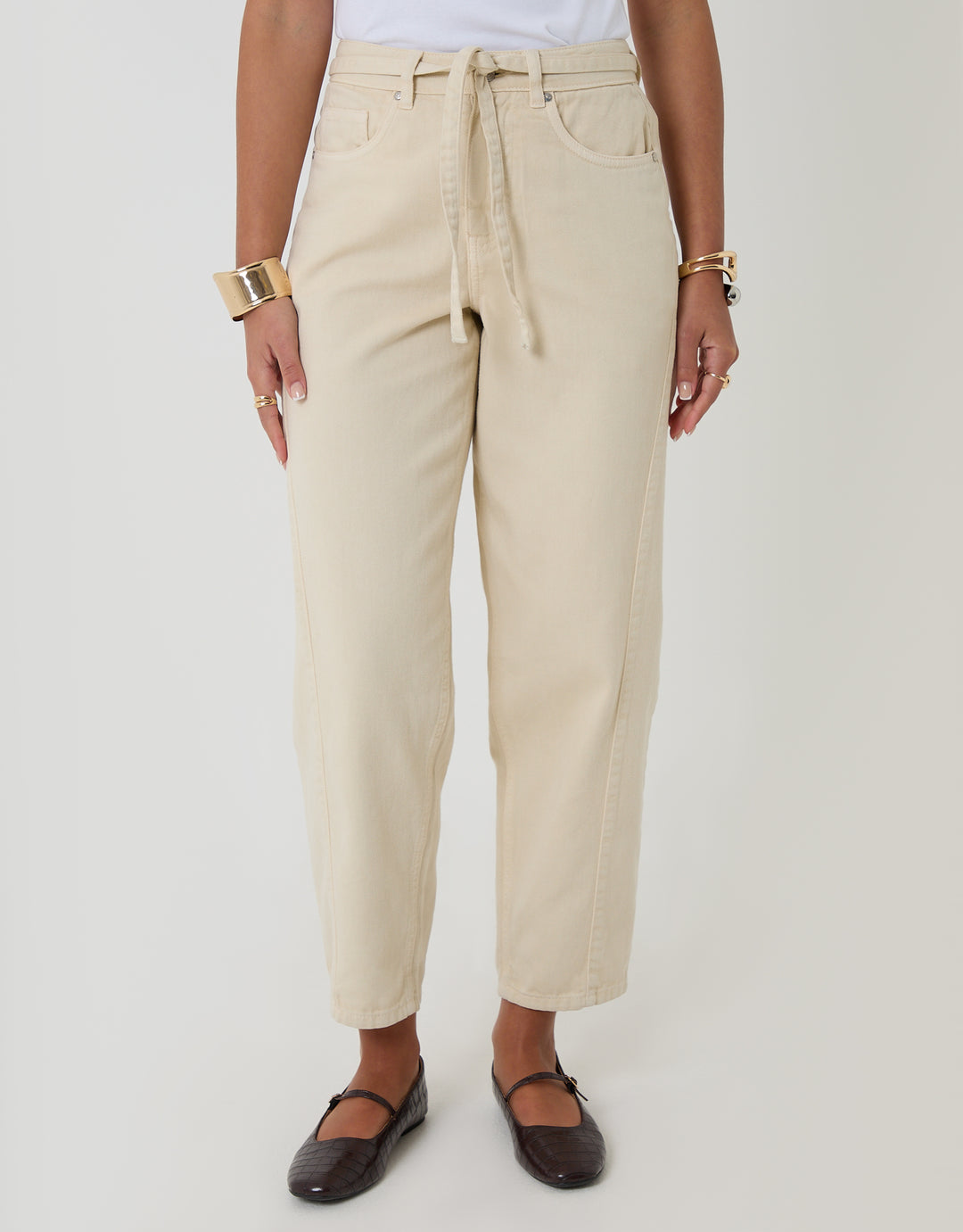 Threadbare Belted Barrel Leg Jeans in Ecru - front view