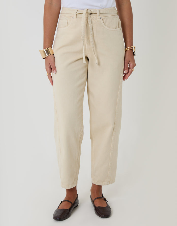 Threadbare Belted Barrel Leg Jeans in Ecru - front view