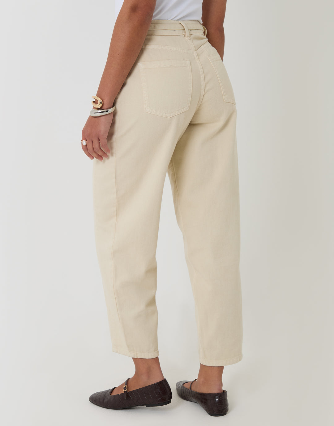 Threadbare Belted Barrel Leg Jeans in Ecru - back view