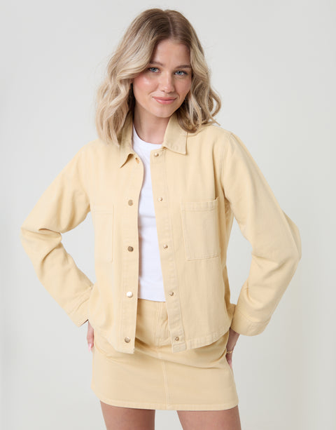 Threadbare Denim Mini Skirt in Yellow - front view jacket on
