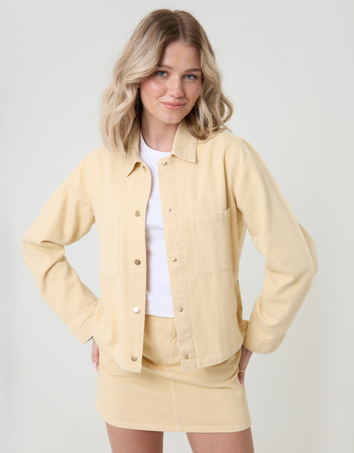 Threadbare Denim Mini Skirt in Yellow - front view jacket on
