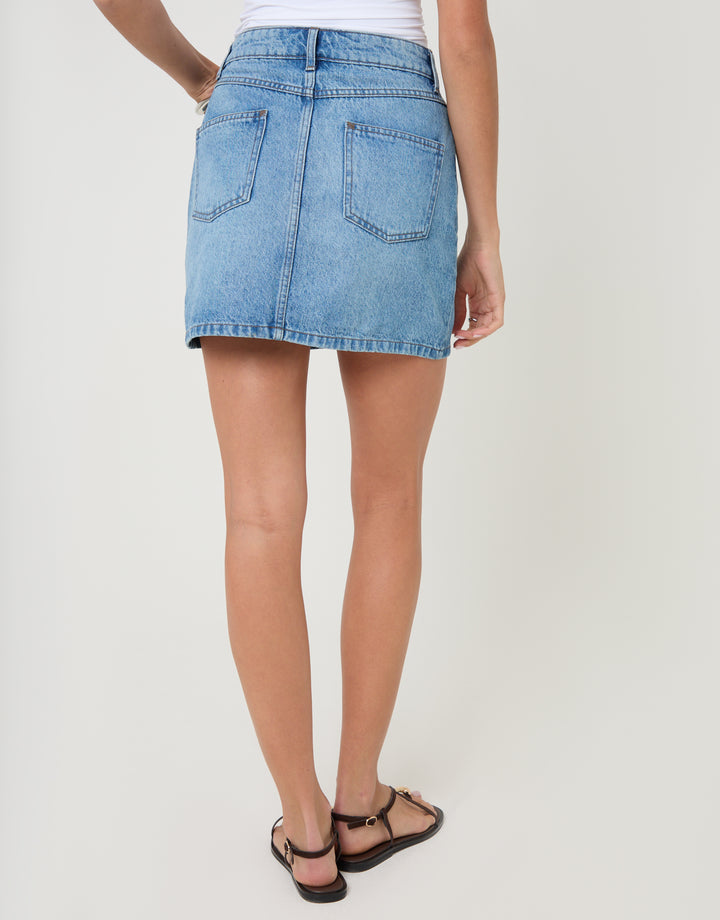 Threadbare Denim Mini Skirt in Mid Wash - back view