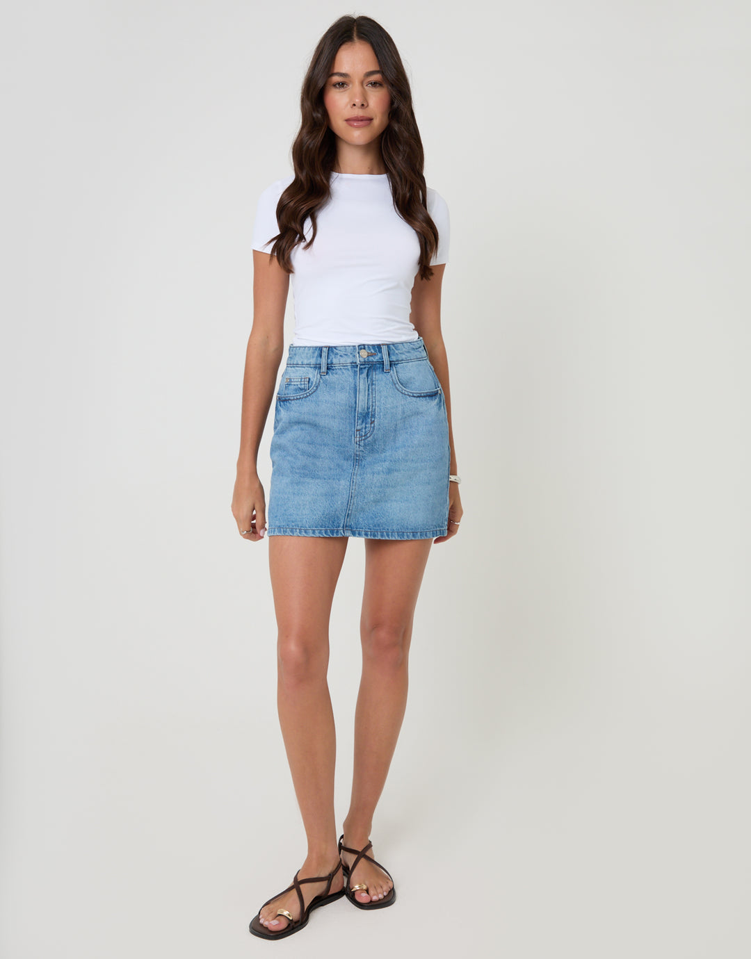 Threadbare Denim Mini Skirt in Mid Wash - full body