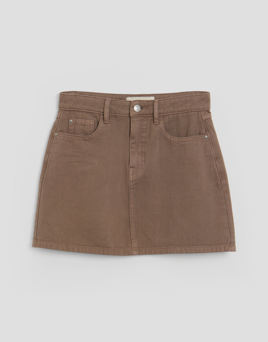 Threadbare Denim Mini Skirt in Mocha Brown - flat lay