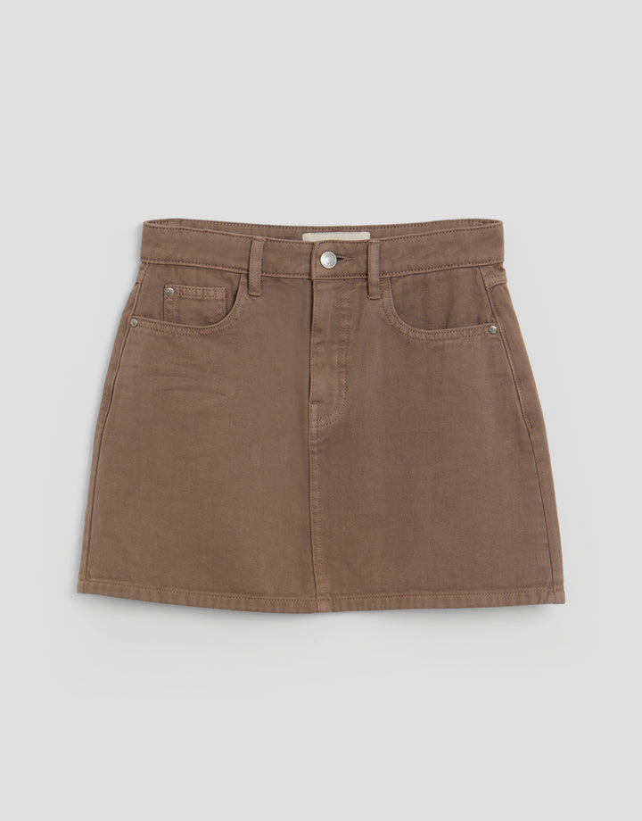 Threadbare Denim Mini Skirt in Mocha Brown - flat lay