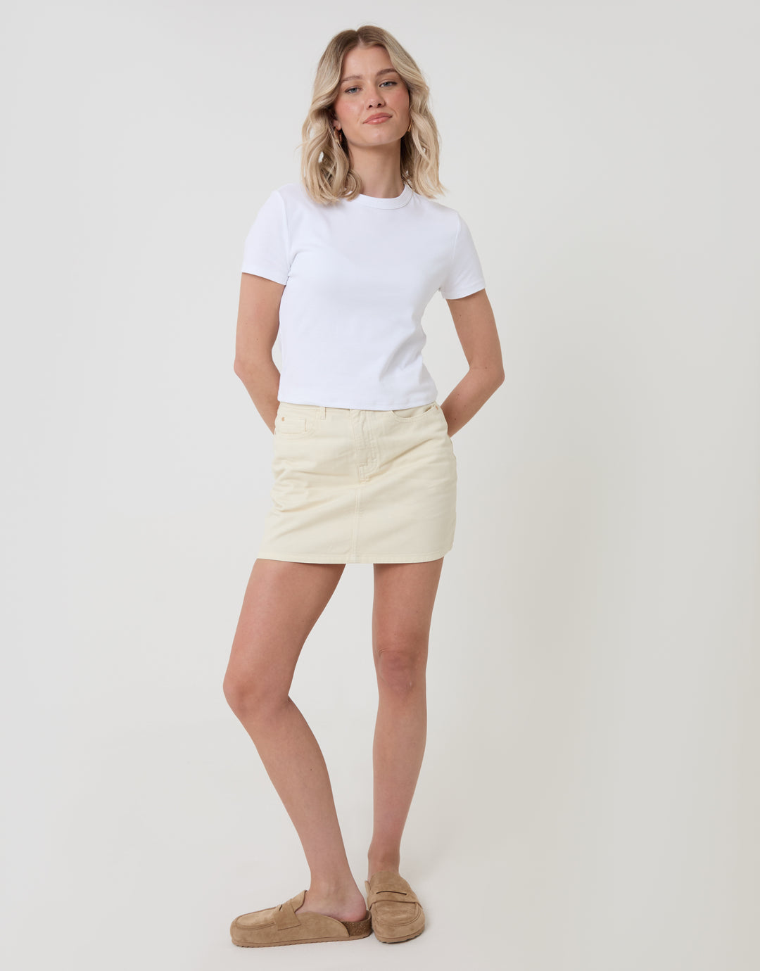 Threadbare Denim Mini Skirt in Ecru - full body
