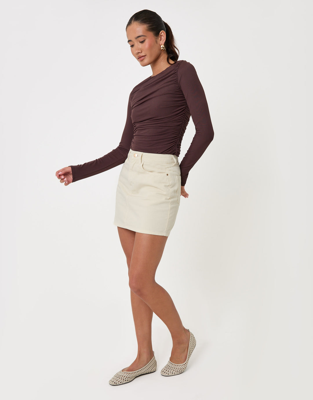 Threadbare Denim Mini Skirt in Ecru - full view