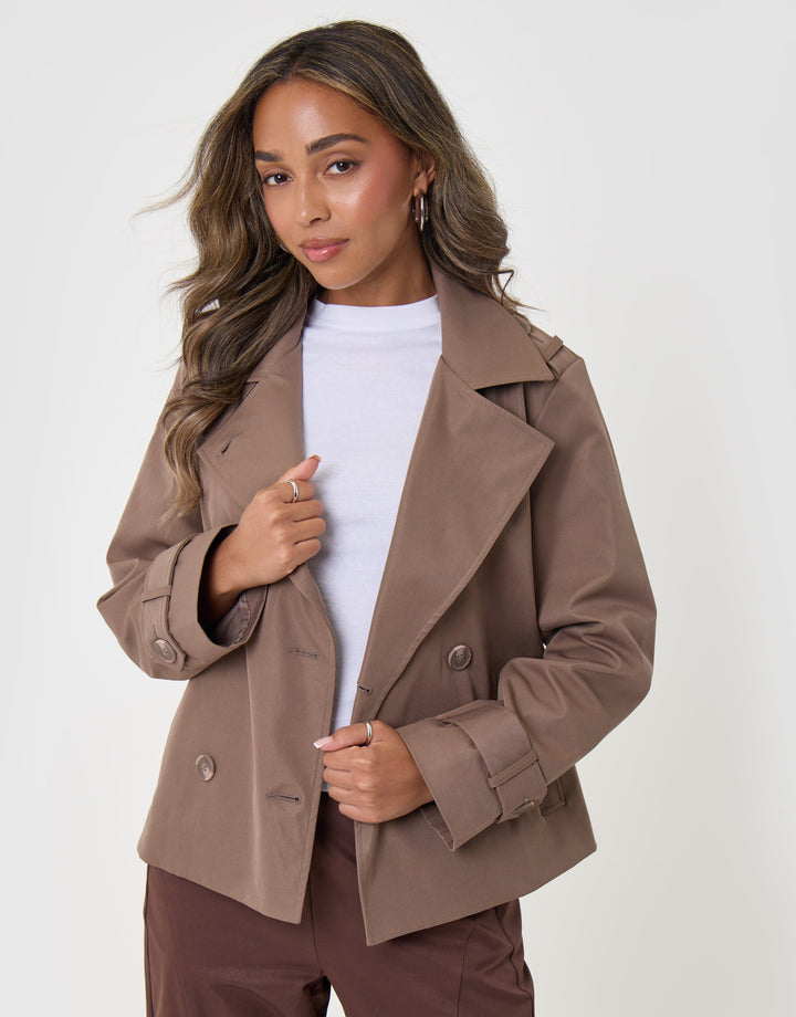 Threadbare Funnel Neck Short Trench Coat in Mocha Brown - front view open