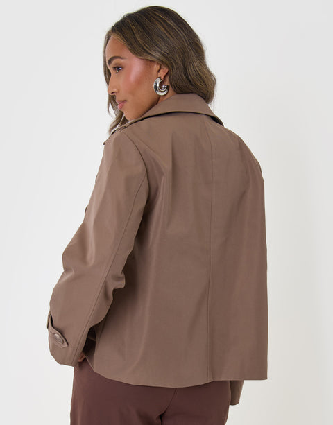 Threadbare Funnel Neck Short Trench Coat in Mocha Brown - back view