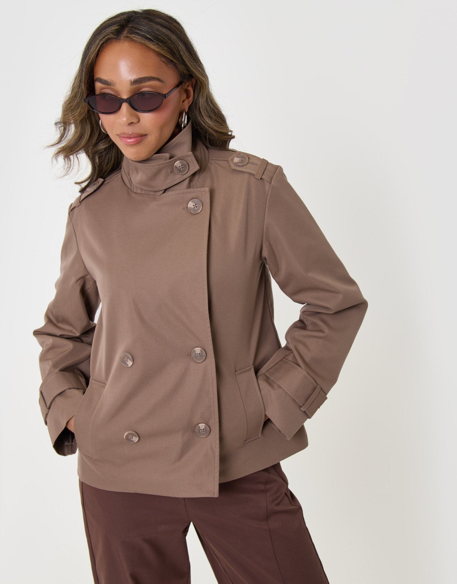 The Relaxed Funnel Neck Short Trench Coat in Mocha Brown