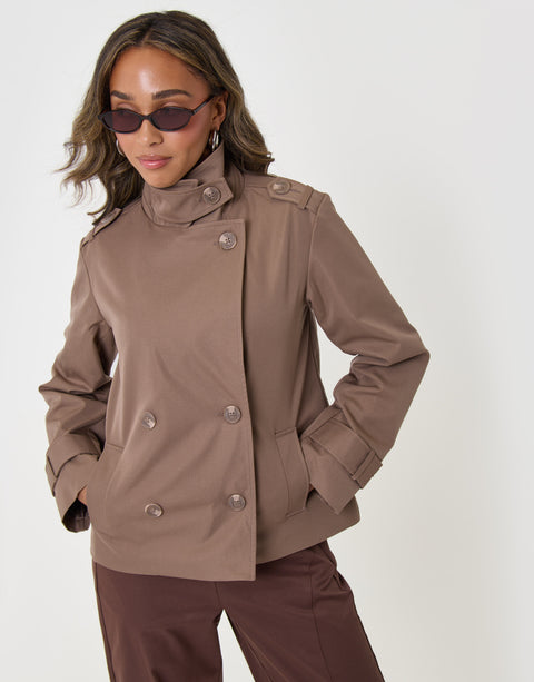 Threadbare Funnel Neck Short Trench Coat in Mocha Brown - front view closed