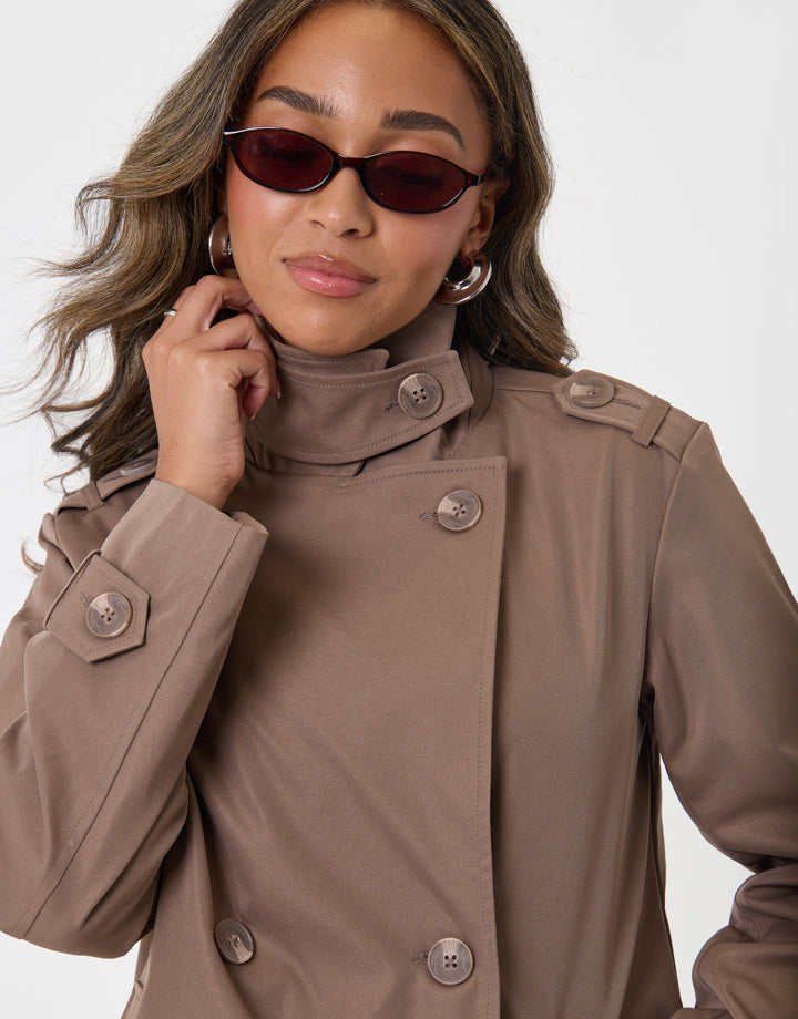 Threadbare Funnel Neck Short Trench Coat in Mocha Brown - front detail