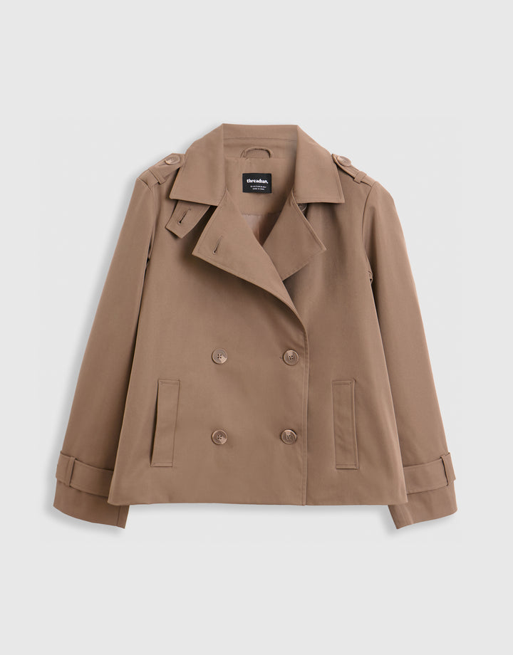The Relaxed Funnel Neck Short Trench Coat in Mocha Brown