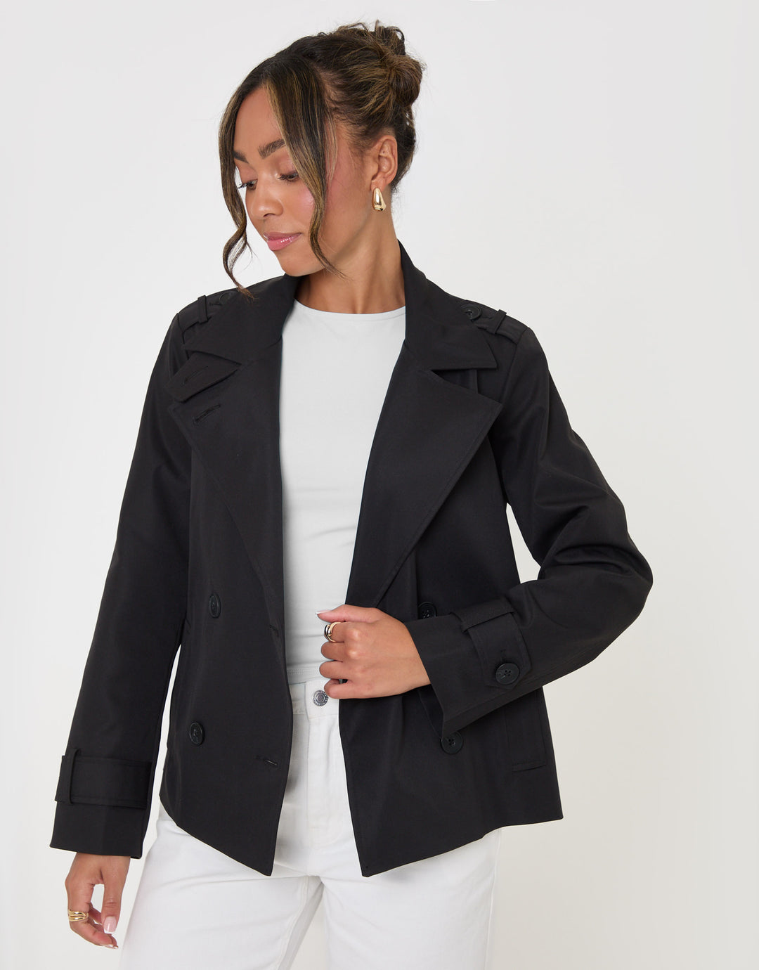 Threadbare Funnel Neck Short Trench Coat in Black - front view