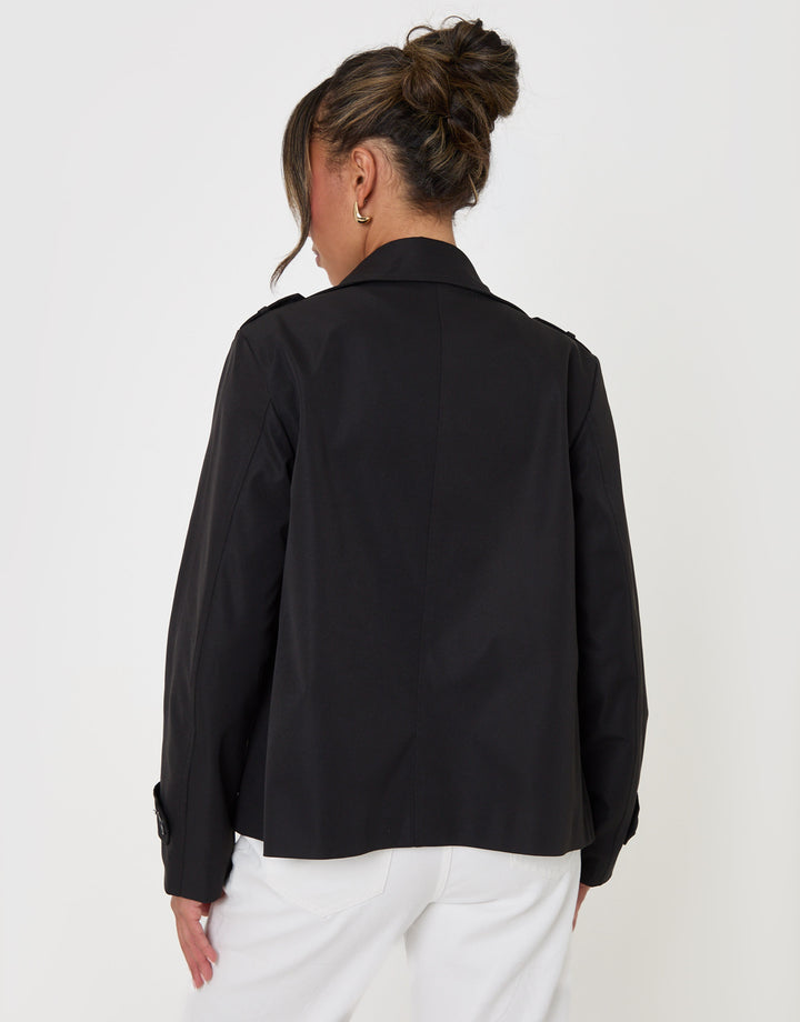 Threadbare Funnel Neck Short Trench Coat in Black - back view