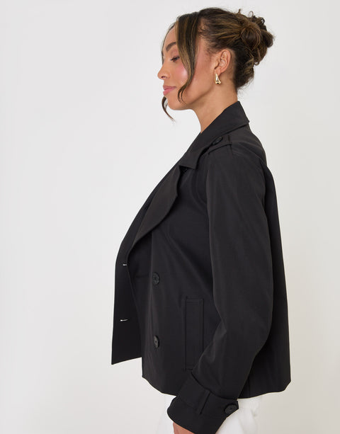 Threadbare Funnel Neck Short Trench Coat in Black - side view