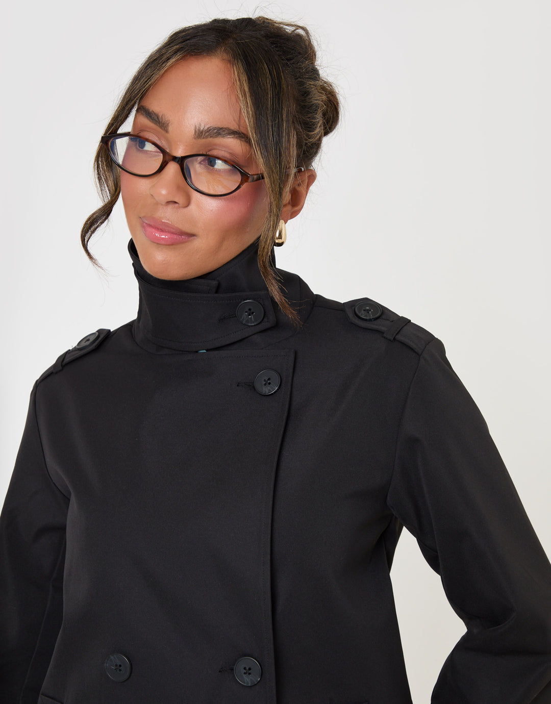 Threadbare Funnel Neck Short Trench Coat in Black - close up