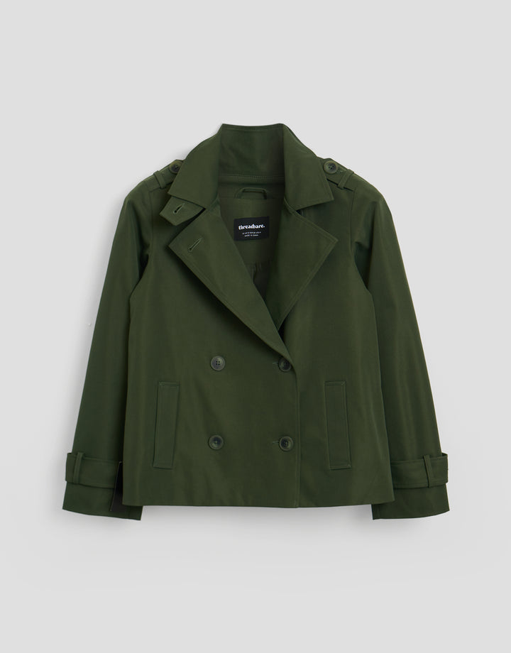 Threadbare Funnel Neck Short Trench Coat in Khaki - flat lay 1