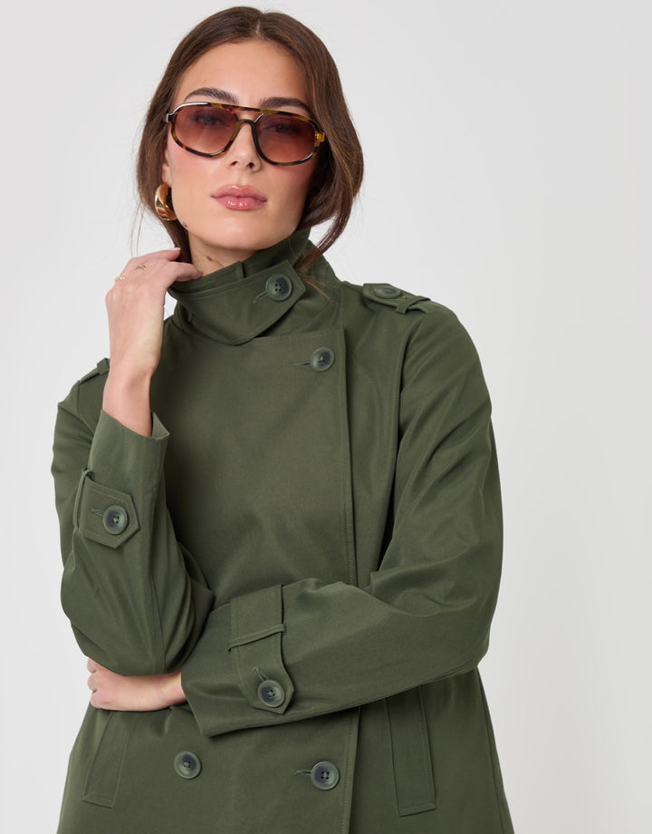 Threadbare Funnel Neck Short Trench Coat in Khaki - close up