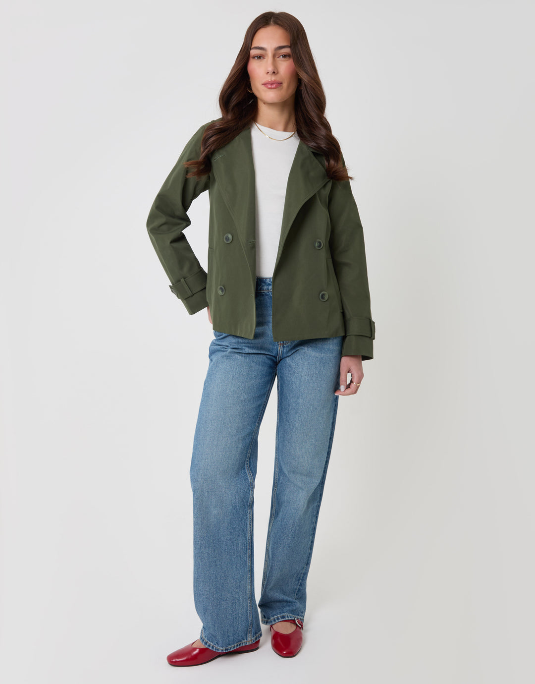 Threadbare Funnel Neck Short Trench Coat in Khaki - full body