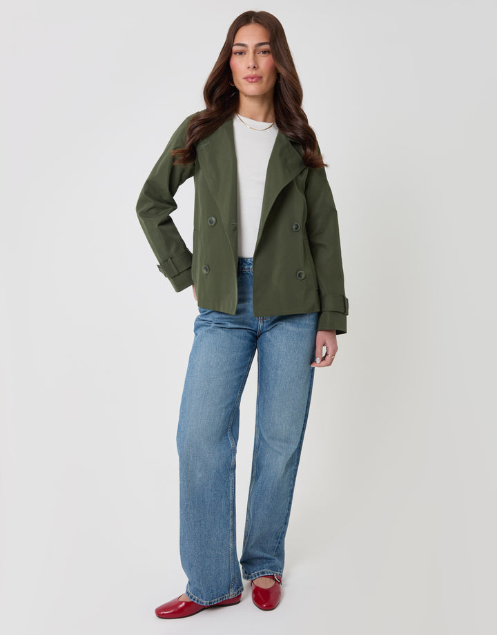 Threadbare Funnel Neck Short Trench Coat in Khaki - full body