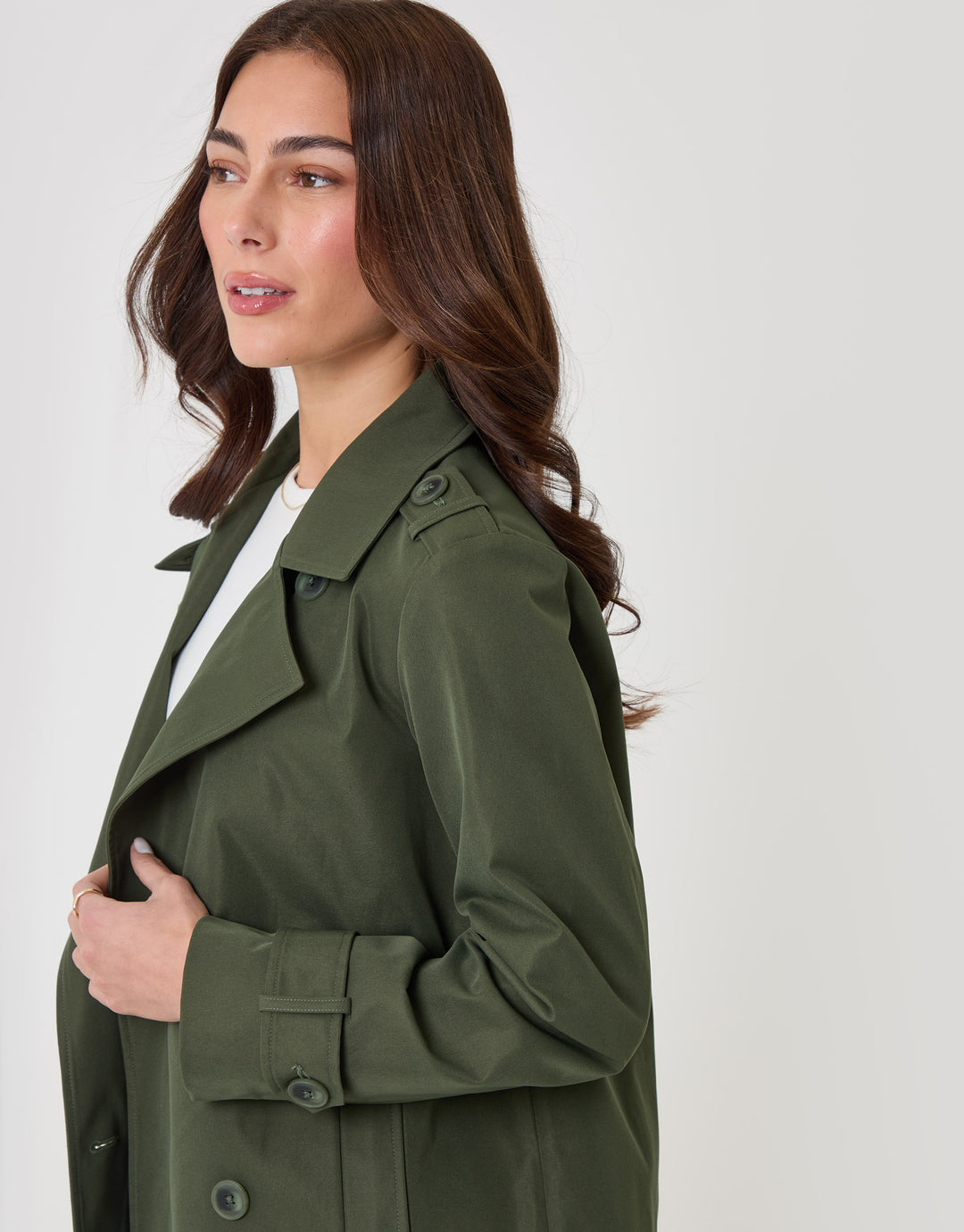Threadbare Funnel Neck Short Trench Coat in Khaki - close up