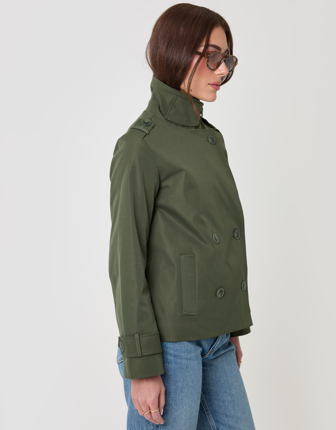 Threadbare Funnel Neck Short Trench Coat in Khaki - side view