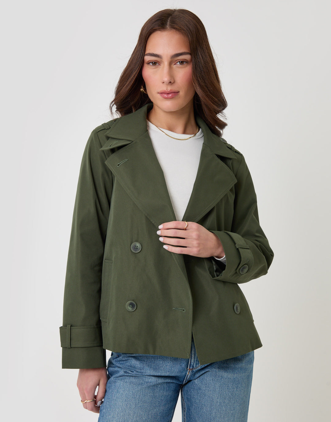 Threadbare Funnel Neck Short Trench Coat in Khaki - front view